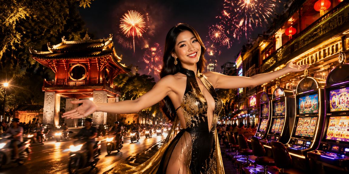 Màn hình slot game neon sáng rực tại trung tâm giải trí Hà Nội ban đêm