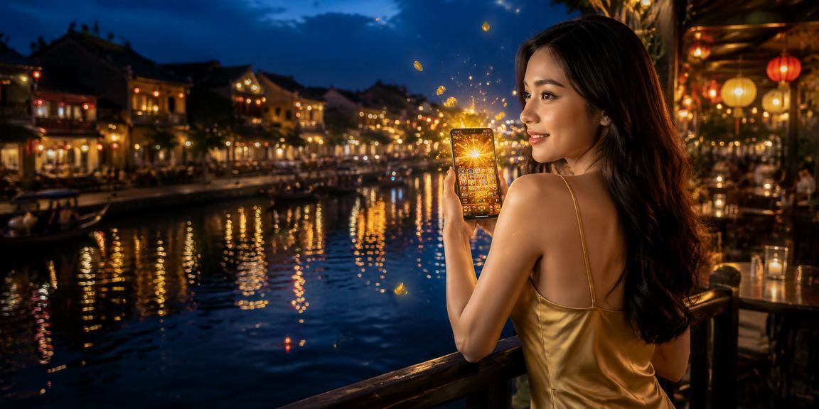 Người dùng chơi slot game bên ly cà phê Việt Nam tại Hội An