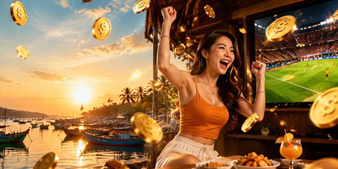 Người dùng ngồi cạnh bãi biển Mũi Né theo dõi cá cược thể thao và esports